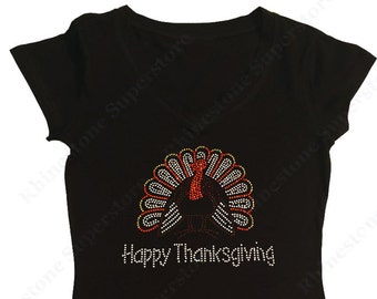 Women's Rhinestone Fitted Tight Snug Shirt " Happy Thanksgiving Turkey " in S, M, L, 1X, 2X, 3X