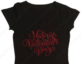 Women's Rhinestone Fitted Tight Snug Shirt " Red Happy Valentines Day " in S, M, L, 1X, 2X, 3X