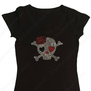 Women&#39;s Rhinestone T-Shirt &quot; Skull with Red Rose &quot; in S, M, L, 1x, 2x, 3x Love, Skull, Heart