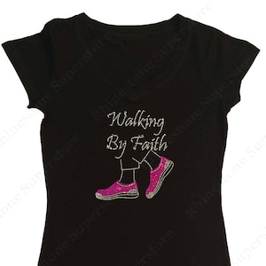 Women's Rhinestone Fitted Tight Snug Shirt " Walking by Faith Pink Shoes " in S, M, L, 1x, 2x, 3x