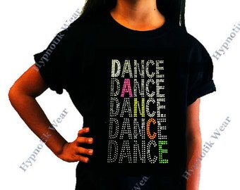 Girls Rhinestone / Rhinestuds T-Shirt &quot; Dance, Dance Dance &quot; Neon Retro, in Size 3 to 14