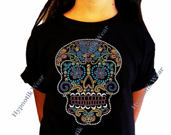Girls Rhinestone/ Rhinestuds T-Shirt &quot; Colorful Sugar Skull &quot; Kids Size 3 to 14 Available, Dia de los Muertos