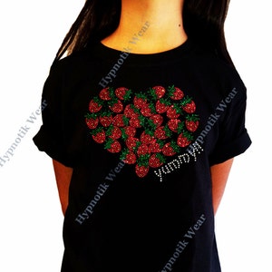 Girls Rhinestone T-Shirt &quot; Yummy Strawberry Heart in Rhinestones &quot; Kids Size 3 to 14 Available