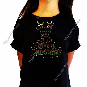 Girls Rhinestone T-Shirt &quot; Merry Christmas Rudolph the Red Nose Reindeer &quot; Kids Size 3 to 14 Available