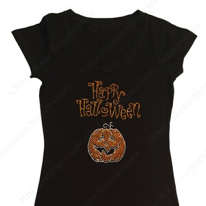 Women&#39;s Rhinestone Fitted Snug Shirt &quot; Happy Halloween with Pumpkin &quot; in S, M, L, 1X, 2X, 3X
