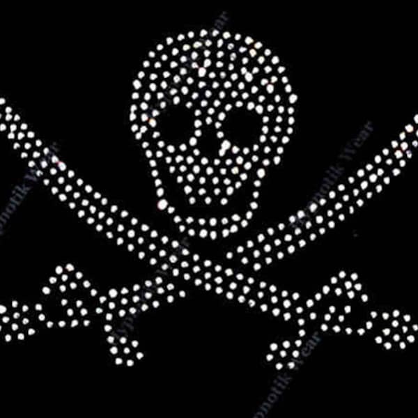 Rhinestone Transfer " Crystal Skull with Swords " Hot Fix, Iron On, Bling Pirate