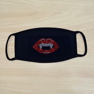 Rhinestone Embellished Face Mask with Vampire Lips 100% Cotton 2 PLY, Washable, Made in the USA image 1