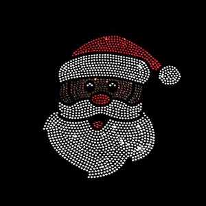 May include: A black and white rhinestone design of Santa Claus with a red hat and beard. The design is on a black background.