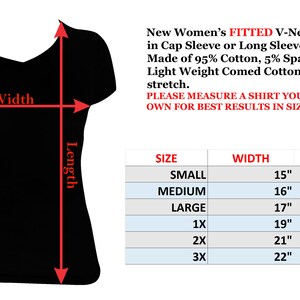 May include: A size chart for a fitted V-neck T-shirt with cap or long sleeves. The chart shows sizes from small to 3X with corresponding width and length measurements in inches.