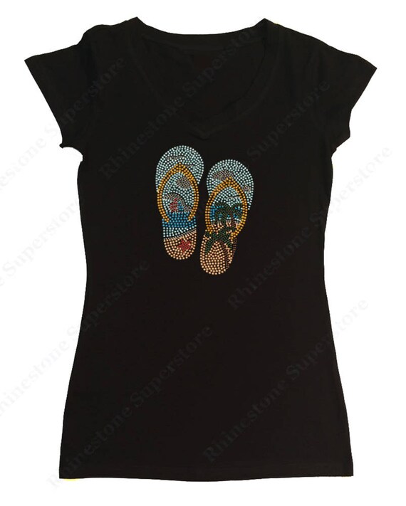 Women's Rhinestone & Rhinestud T-Shirt " Vacation Sandals " in S, M, L, 1X, 2X, 3X - Palms