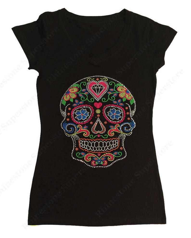 Women's Rhinestone & Rhinestud Fitted Tight Snug Shirt Colorful Sugar Skull Dia de los Muertos in S, M, L, 1X, 2X, 3X image 1