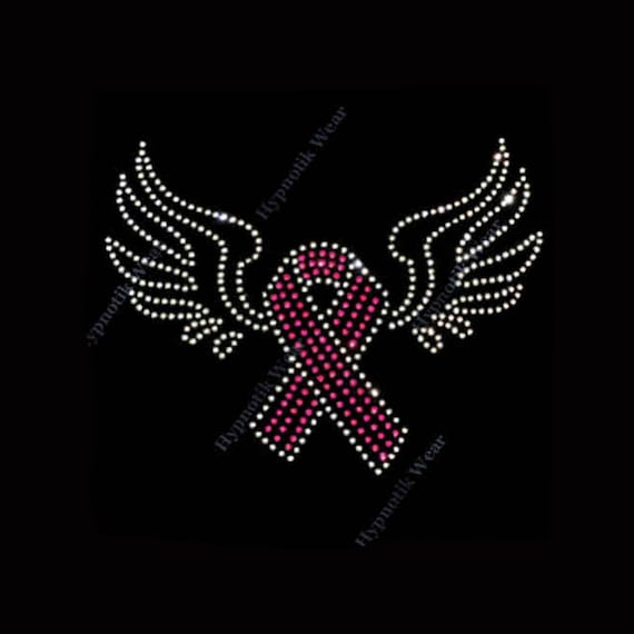 Rhinestone Transfer "Pink Breast Cancer Ribbon with Wings "  Hotfix , Iron On, Bling Pick your Color Cause Ribbon