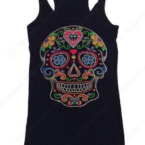 Women's Rhinestone & Rhinestud Fitted Tight Snug Shirt Colorful Sugar Skull Dia de los Muertos in S, M, L, 1X, 2X, 3X image 3