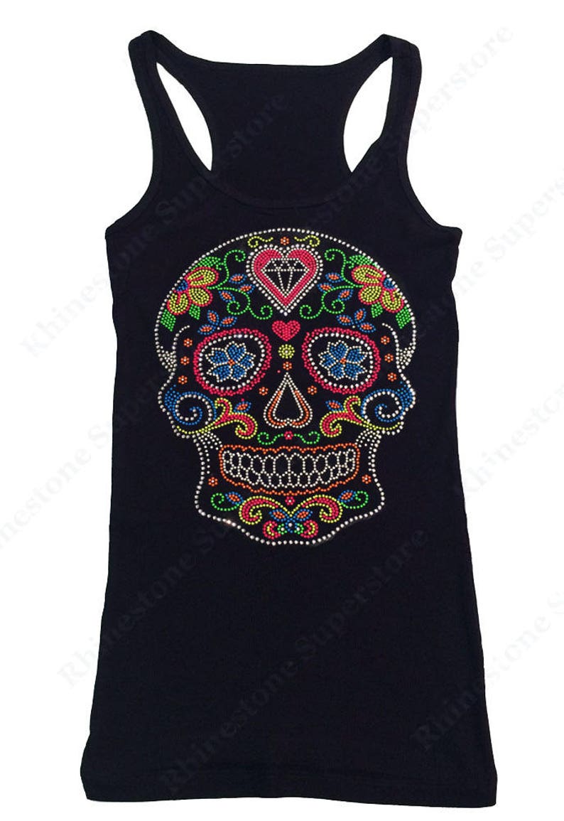 Women's Rhinestone & Rhinestud Fitted Tight Snug Shirt Colorful Sugar Skull Dia de los Muertos in S, M, L, 1X, 2X, 3X image 3