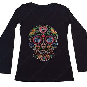 Women's Rhinestone & Rhinestud Fitted Tight Snug Shirt Colorful Sugar Skull Dia de los Muertos in S, M, L, 1X, 2X, 3X image 2