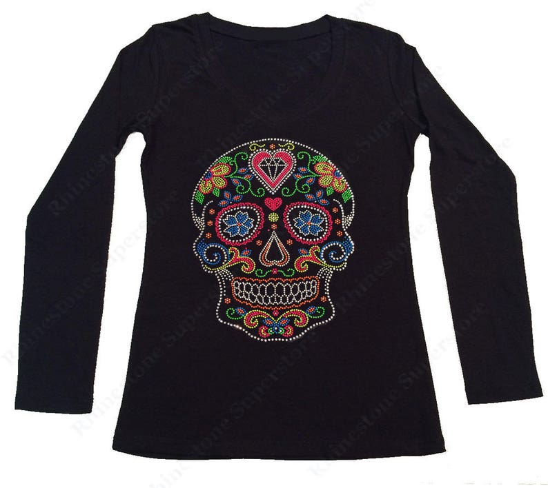 Women's Rhinestone & Rhinestud Fitted Tight Snug Shirt Colorful Sugar Skull Dia de los Muertos in S, M, L, 1X, 2X, 3X image 2