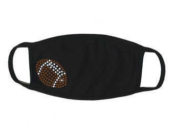 Rhinestone Embellished Black Face Mask with Football , 100% Cotton 2 PLY,