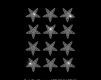 May include: Twelve silver rhinestone star-shaped iron-on patches. Each star measures 1.28 inches wide by 1.25 inches high.