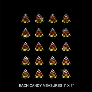 May include: A pattern of candy corn shapes on a black background. Each candy corn is made of white, orange, and yellow dots. The text at the bottom reads: EACH CANDY MEASURES 1" X 1".