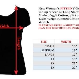 May include: A size chart for a fitted V-neck T-shirt with cap or long sleeves. The chart shows sizes from small to 3X with corresponding width and length measurements in inches.