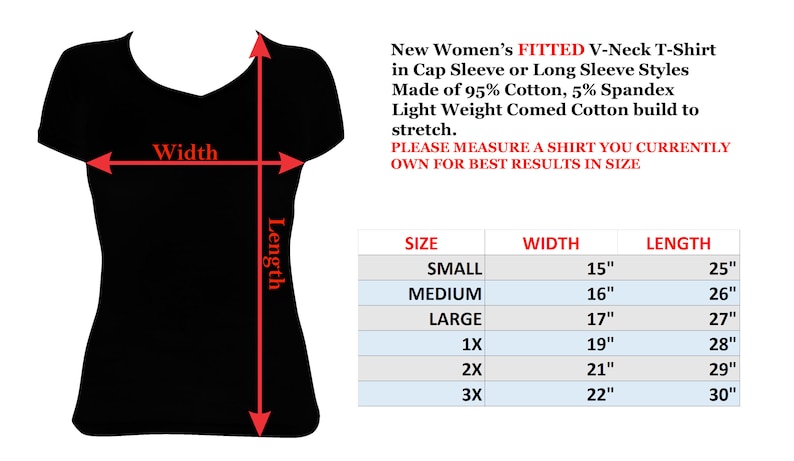 May include: A size chart for a fitted V-neck T-shirt with cap or long sleeves. The chart shows sizes from small to 3X with corresponding width and length measurements in inches.