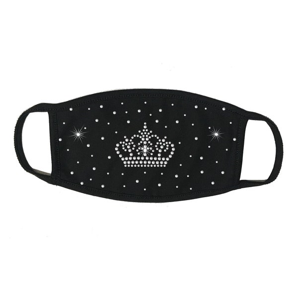 Rhinestone Embellished BLACK Face Mask, Face Cover, 100% Cotton 2 PLY, Scattered with Crown, Choose Rhinestone Color