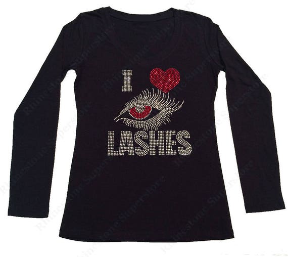 1X 3X Bling Women's Rhinestone T-Shirt " I Love Eye Lashes " in S M 2X L 
