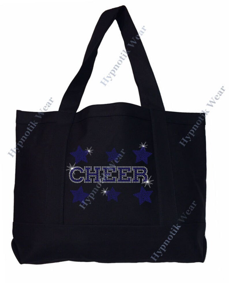 May include: Black canvas tote bag with the word "CHEER" in blue rhinestones and surrounded by silver glitter stars.