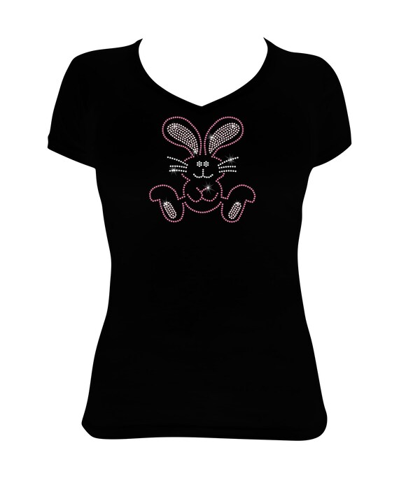 Women's Rhinestone Embellished Fitted Tight Snug Shirt " Pink Easter Bunny " Easter Shirt, Egg Hunt