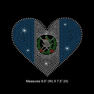 May include: A heart-shaped rhinestone design featuring the flag of Guatemala. The design measures 9.0 inches wide by 7.5 inches high.