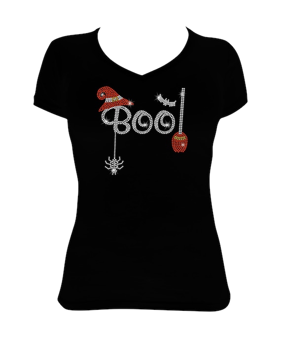 Women's Rhinestone Fitted Snug Shirt " Halloween Boo with Broom & Spider " Halloween Shirt, Happy Halloween