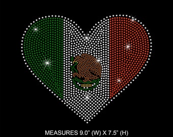 Rhinestone Transfer " Mexican Flag Heart " Hotfix Iron-On Motif, Heat Transfer, Make your own Shirt, Bandera de Mexico