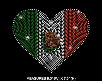 Rhinestone Transfer " Mexican Flag Heart " Hotfix Iron-On Motif, Heat Transfer, Make your own Shirt, Bandera de Mexico