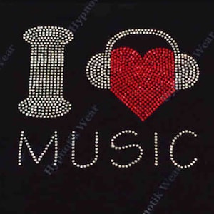 May include: Black graphic design with the phrase "I LOVE MUSIC" spelled out in white rhinestones. The heart in the design is red and the headphones are outlined in white rhinestones.