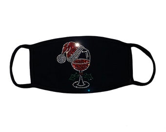 Rhinestone Embellished Face Mask with " Wine Glass with Mistletoe & Santa Hat "  100% Cotton 2 PLY, Made in the USA
