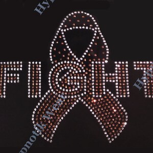 May include: A brown ribbon made of rhinestones with the word "FIGHT" in rhinestones on a black background.