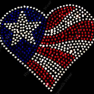 May include: A red, white, and blue heart-shaped design made of rhinestones. The design is reminiscent of the American flag.