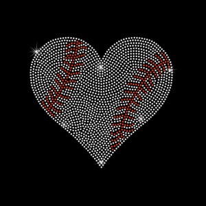 May include: A white rhinestone heart with red stitching, resembling a baseball.