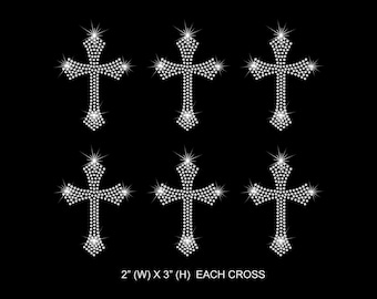 Rhinestone Transfer Only &quot; 6pcs Crosses &quot; Each Measures 2” (W) X 3” (H) Hotfix, Iron On, Bling, DIY, Cross