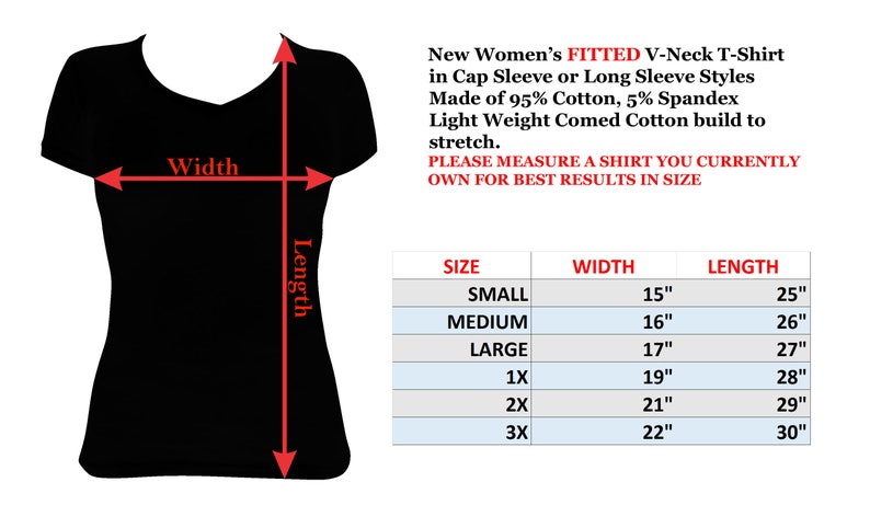 Puede incluir: Una tabla de tallas para una camiseta de cuello en V ajustada con mangas cortas o largas. La tabla muestra las tallas de la S a la 3X con las medidas de ancho y largo correspondientes en pulgadas.