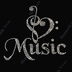 May include: A rhinestone design of a treble clef and the word "Music" on a black background.