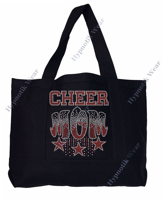 Rhinestone Sturdy Tote Bag with Zipper & Front Pocket " Cheer Mom with Stars "  Bling