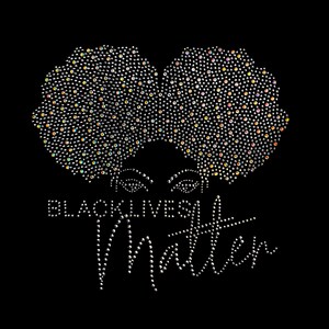 May include: Black Lives Matter text with a stylized image of a woman's face with an afro hairstyle, all made of rhinestones.