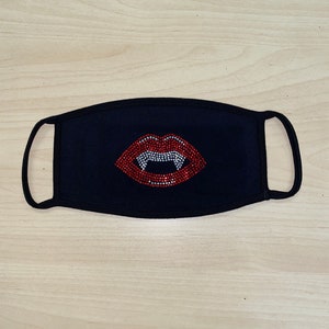 Rhinestone Embellished Face Mask with Vampire Lips 100% Cotton 2 PLY, Washable, Made in the USA image 2