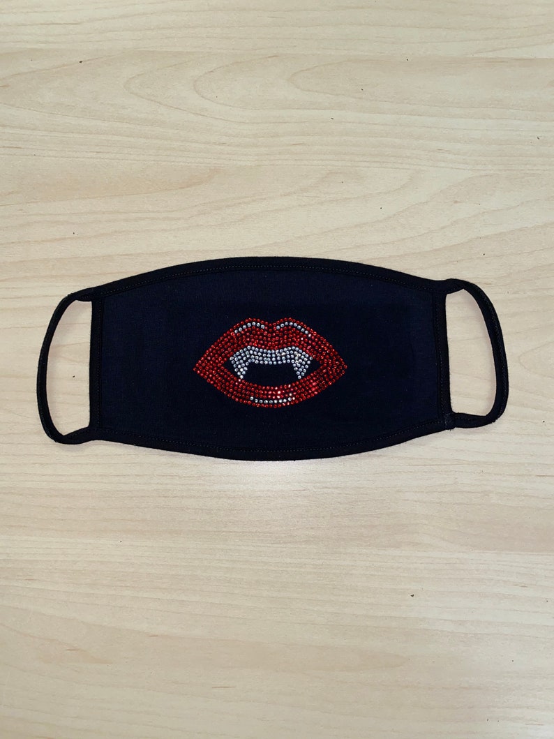 Rhinestone Embellished Face Mask with Vampire Lips 100% Cotton 2 PLY, Washable, Made in the USA image 2