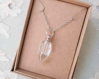 Miniature Perfume Bottle Necklace, Teardrop Crystal Clear Glass Vial Pendant on 18 Inch Chain, Boxed Ready to Gift