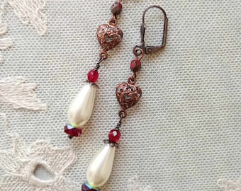 Tudor Hearts Filigree Earrings in Antique Copper with Glass Beads and White Ivory Pearl Teardrops, Pierced or Clip On