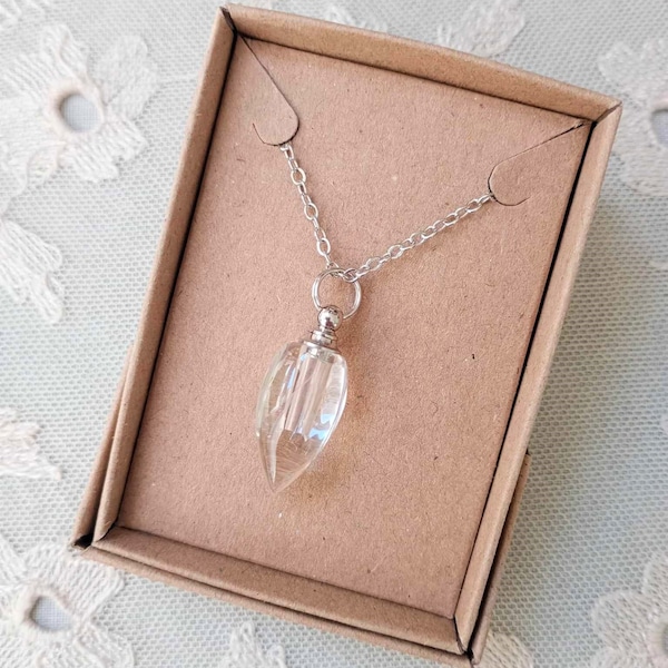 Miniature Perfume Bottle Necklace, Teardrop Crystal Clear Glass Vial Pendant on 18 Inch Chain, Boxed Ready to Gift