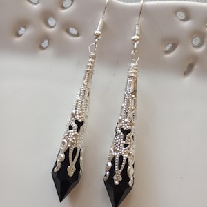 1920s Art Deco Flapper Earrings, Gatsby Vamp Black Goth Jewelry, Clip On Available