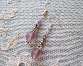 Amethyst Glass Earrings, Czech Beads Vintage Inspired Jewellery Under 10, Clip On Dangle, Mothers Day Gifts
